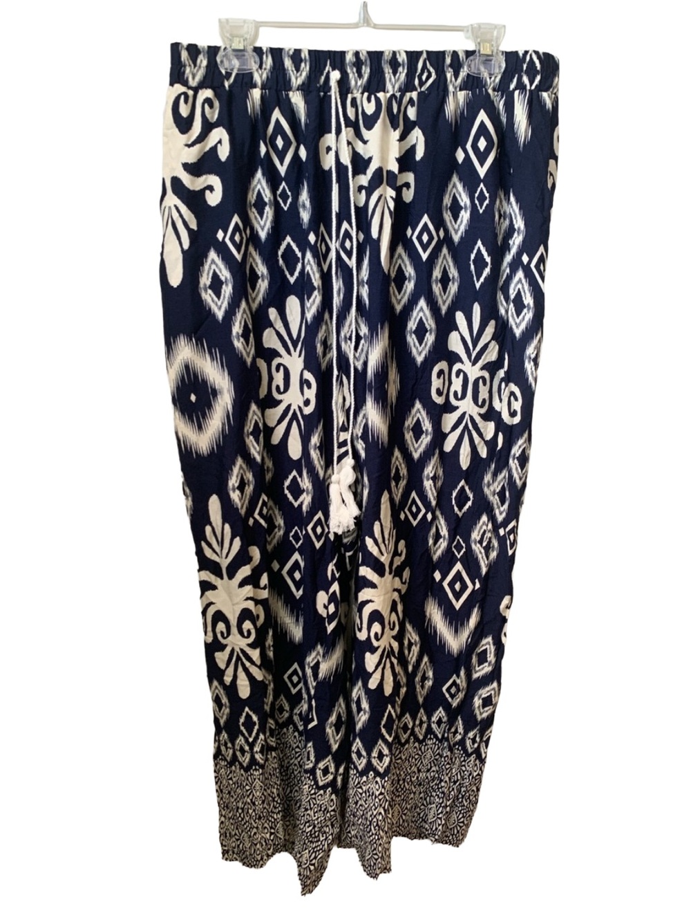 BLOOMCHIC Blue White Print Elastic Waist Tassel Tie Pull On Rayon Pants